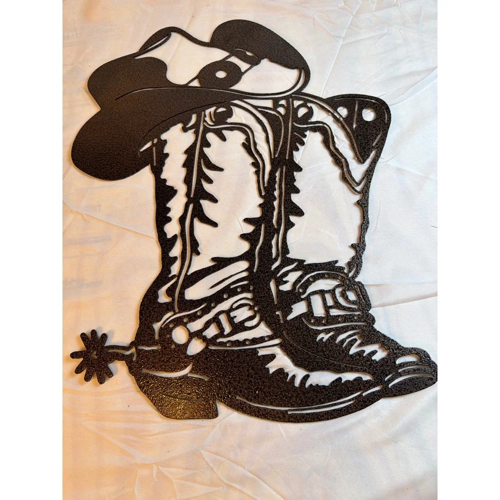 Western Cowboy Boots Hat Spurs Metal Wall Art Rustic Brown Hammered Decor 21in